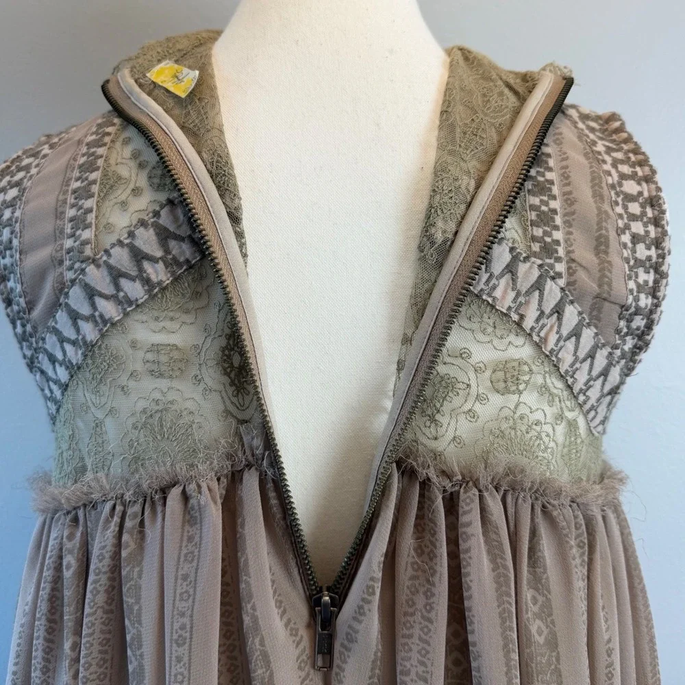 Free People XS Penny Georgette Babylon Lace Beaded Babydoll Mini Dress Mauve